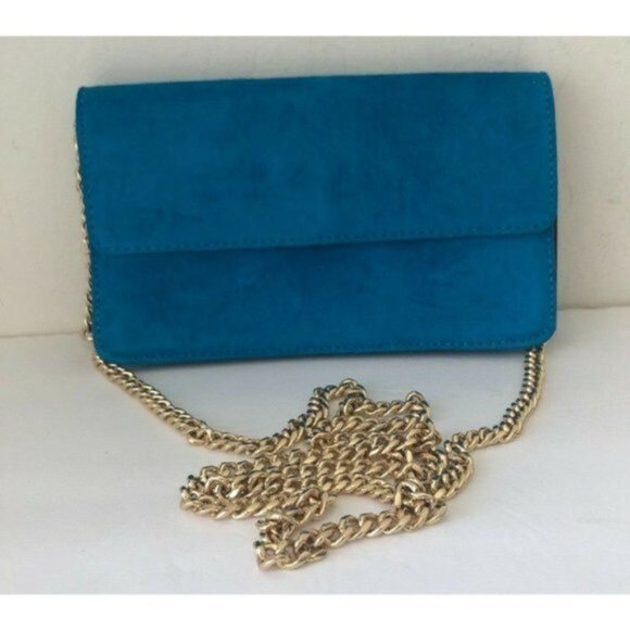 Banana Republic Italian Suede Chain Mini Clutch Laser BLUE Handbag Crossbody - Picture 6 of 12